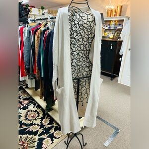 Kinross Cashmere Long Cream Open Front Cardigan, Size Small